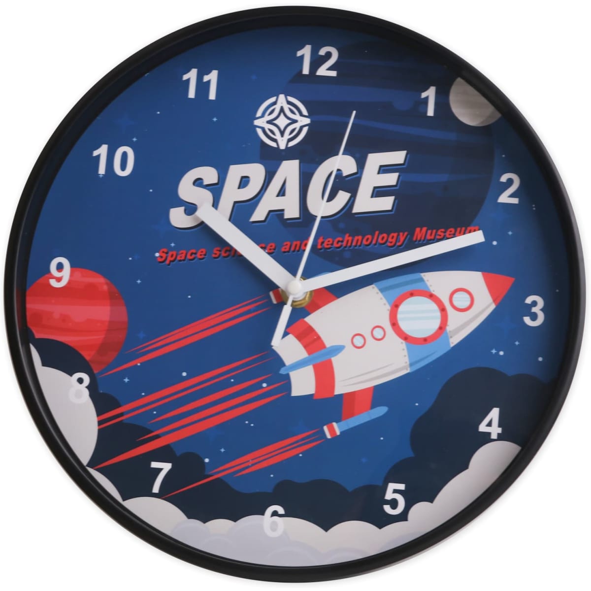 A round wall clock featuring a rocket design with a blue background and black frame.