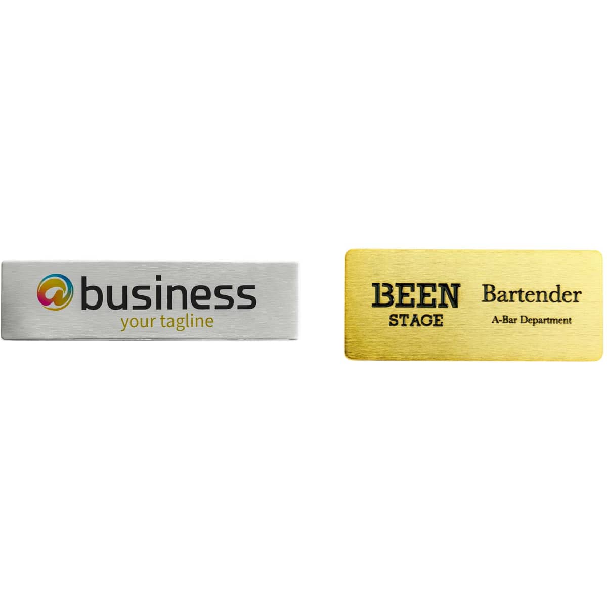 Two metal name badges, one silver and one gold, featuring different designs and a logo on each.