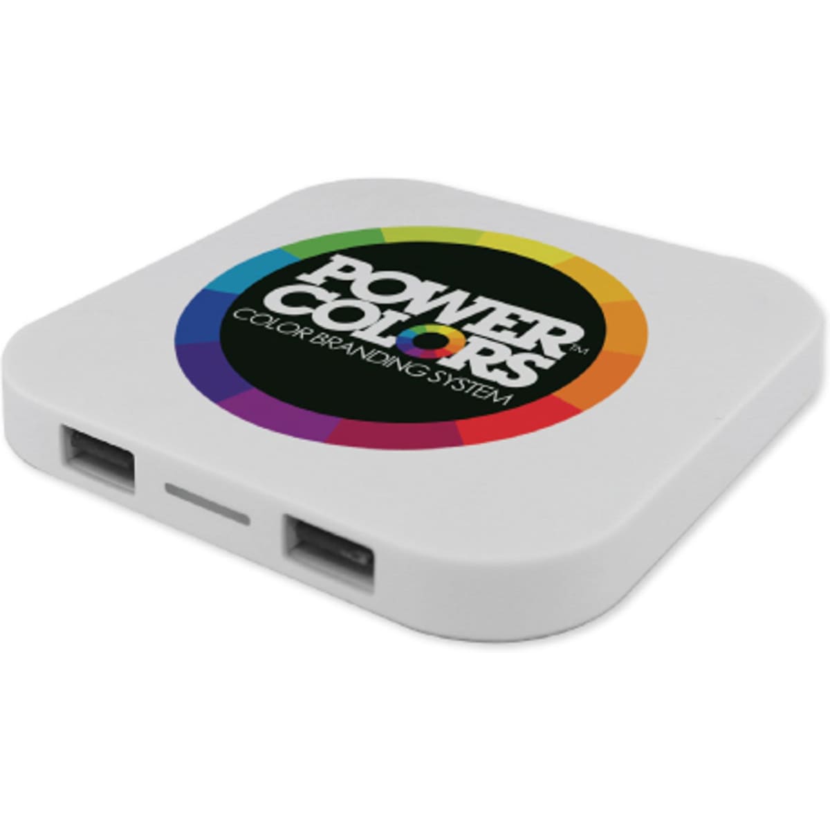 A square-shaped white wireless charger featuring a circular multicolour logo. Two USB ports visible on the side.