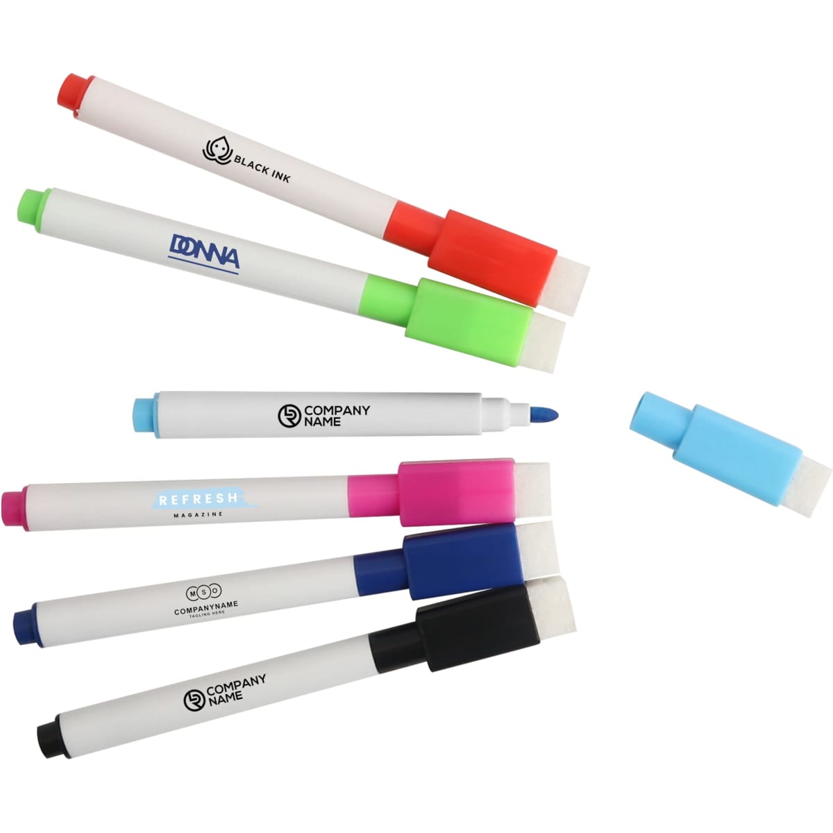 A set of magnetic whiteboard markers in various colours, including red, green, blue, pink, and black, with branding.