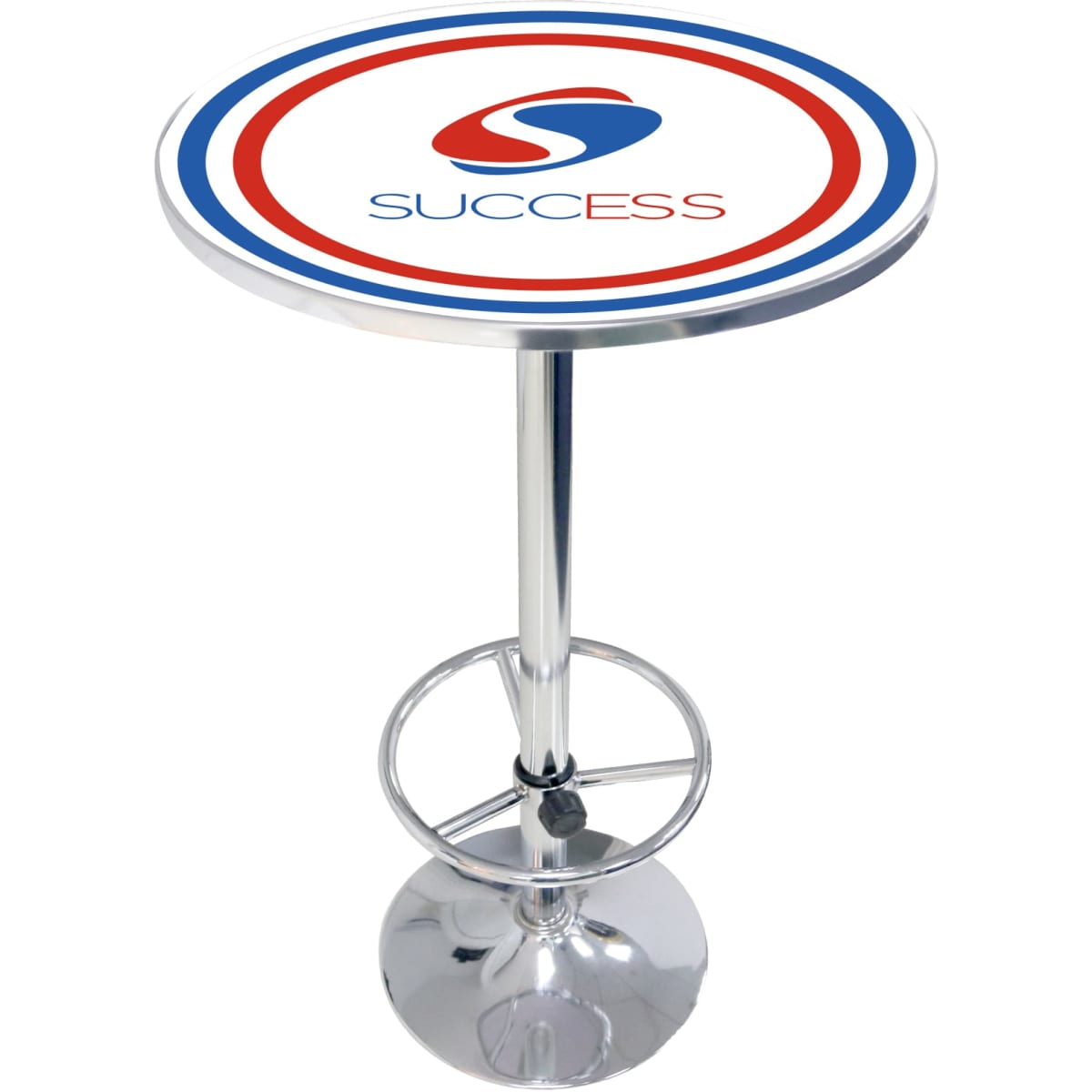 A round bar table with a chrome base, featuring a circular top in red, white, and blue with a logo.