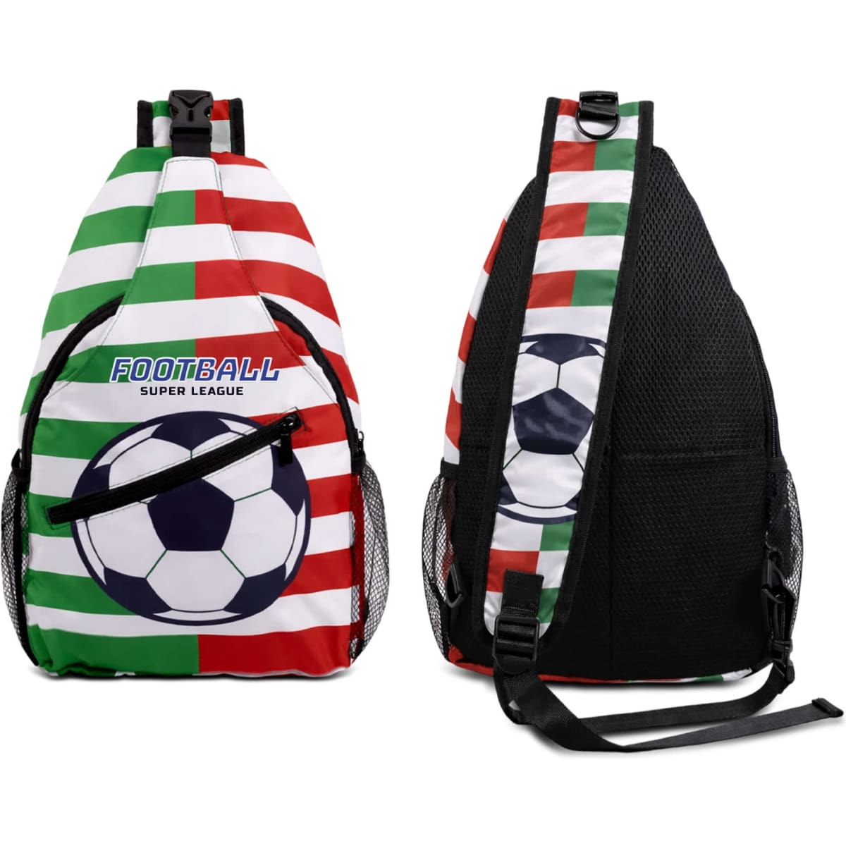 A crossbody bag featuring red, green, and white stripes, and a soccer ball graphic. It has a mesh side pocket and a logo.