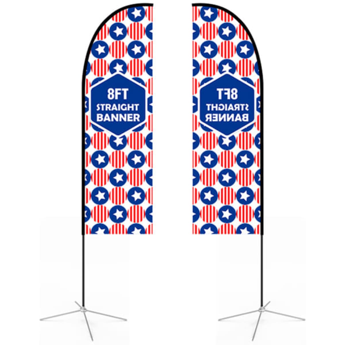 Two straight feather banners, featuring a red, white, and blue pattern with a logo, stand on black bases.