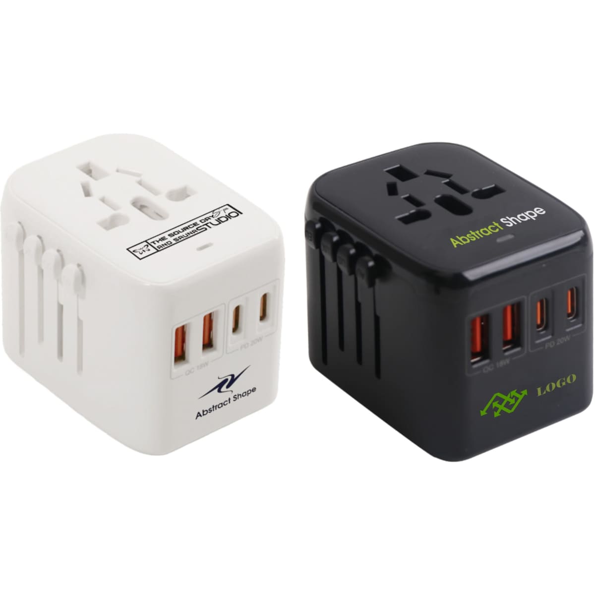 A universal travel adapter with USB-C ports in white and black, featuring multiple plug options and branding.