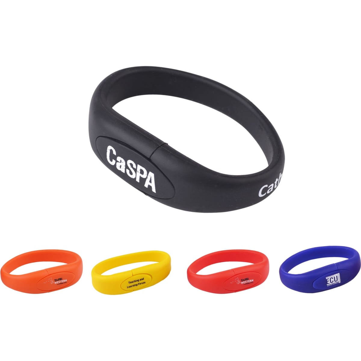 An oval silicone wristband flash drive in black, with orange, yellow, and blue wristband options, featuring logos.