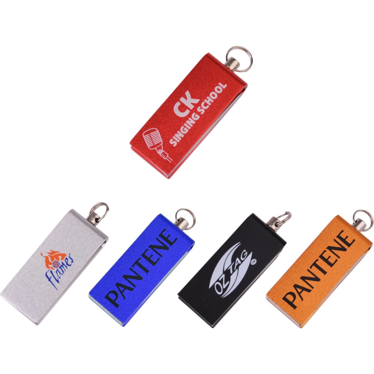 A set of five Mini Boston flash drives in red, blue, silver, black, and orange, featuring various logos.