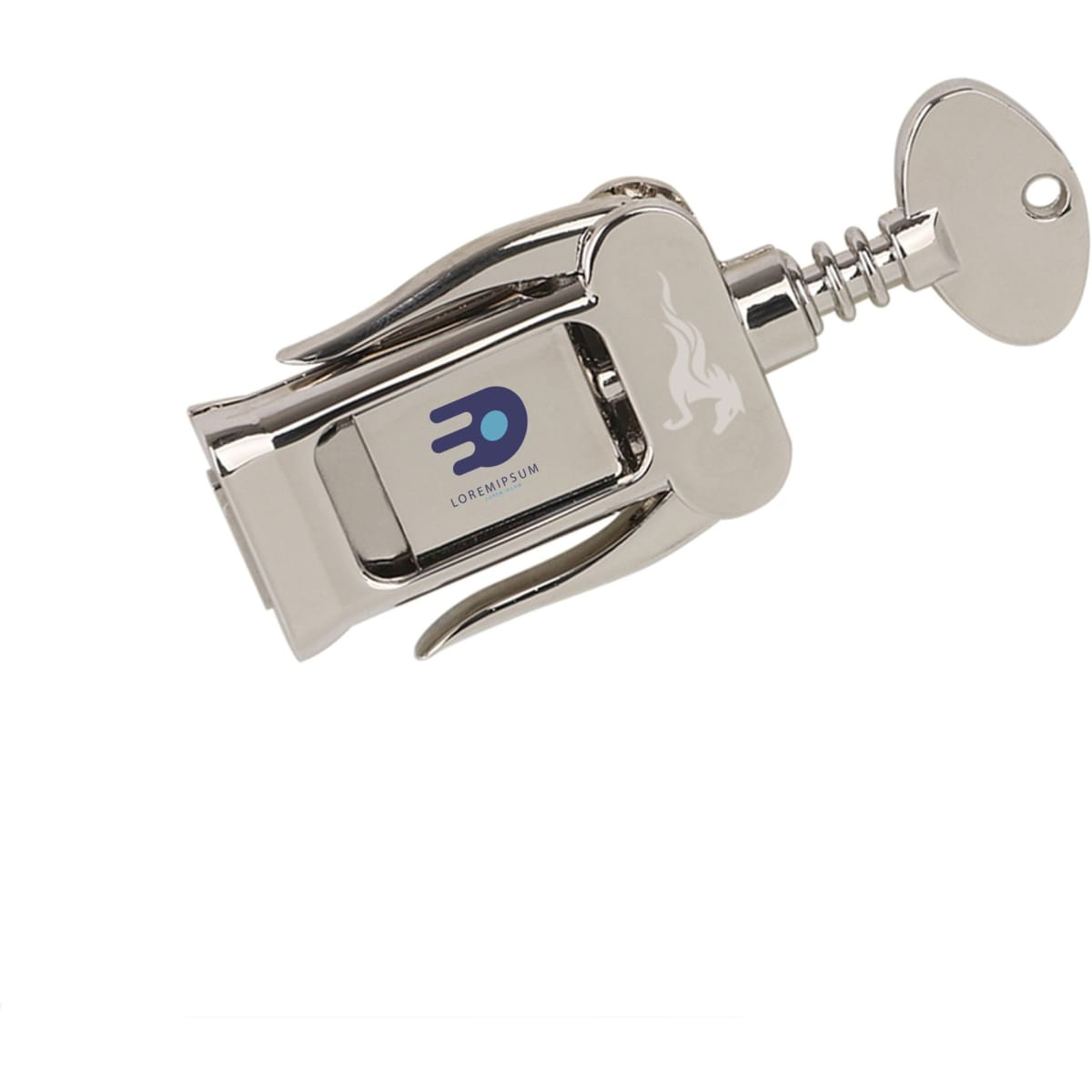 A corkscrew-shaped flash drive in silver, featuring a logo on the side. Smooth metallic finish enhances its design.