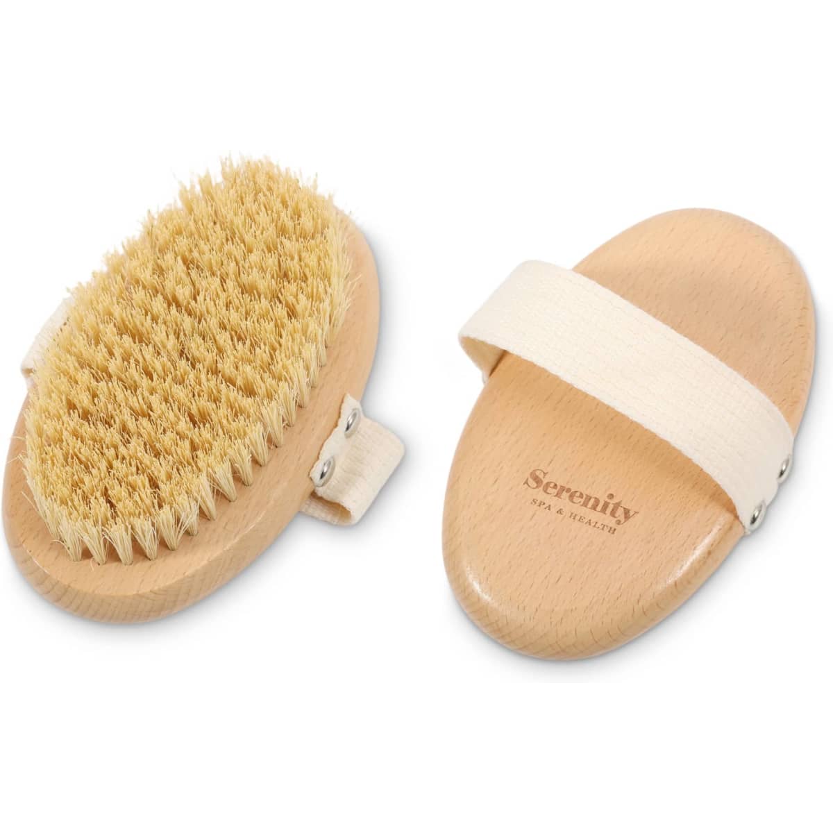 A sisal wooden brush with natural bristles, featuring a light wood base and a cream strap. The product includes a logo.