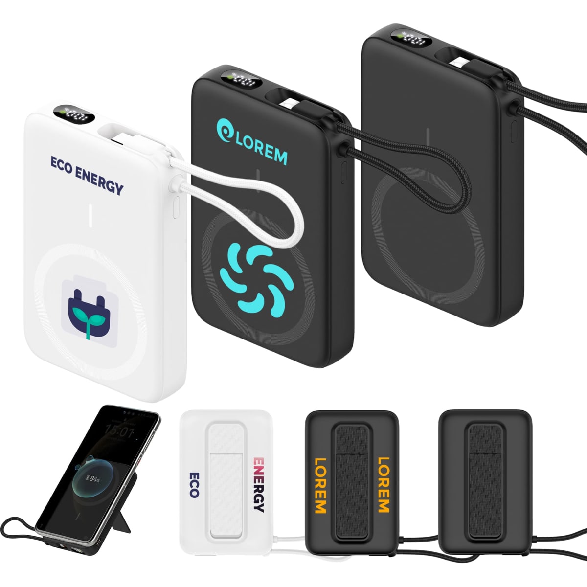A set of two power banks, one white and one black, featuring a charging cable and built-in wireless charging capabilities.