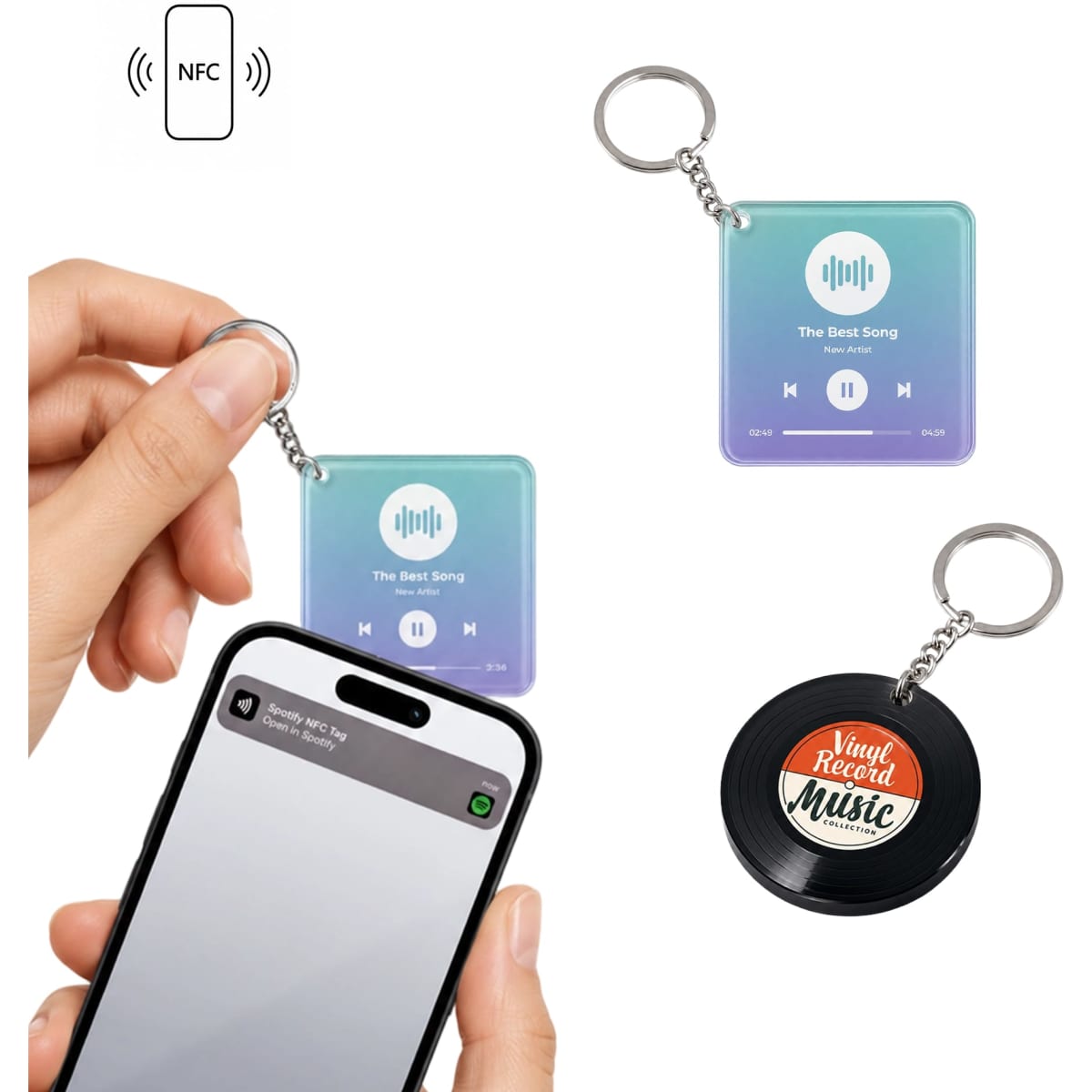 An NFC acrylic keychain featuring a music player design in gradient colours, attached to a hand.