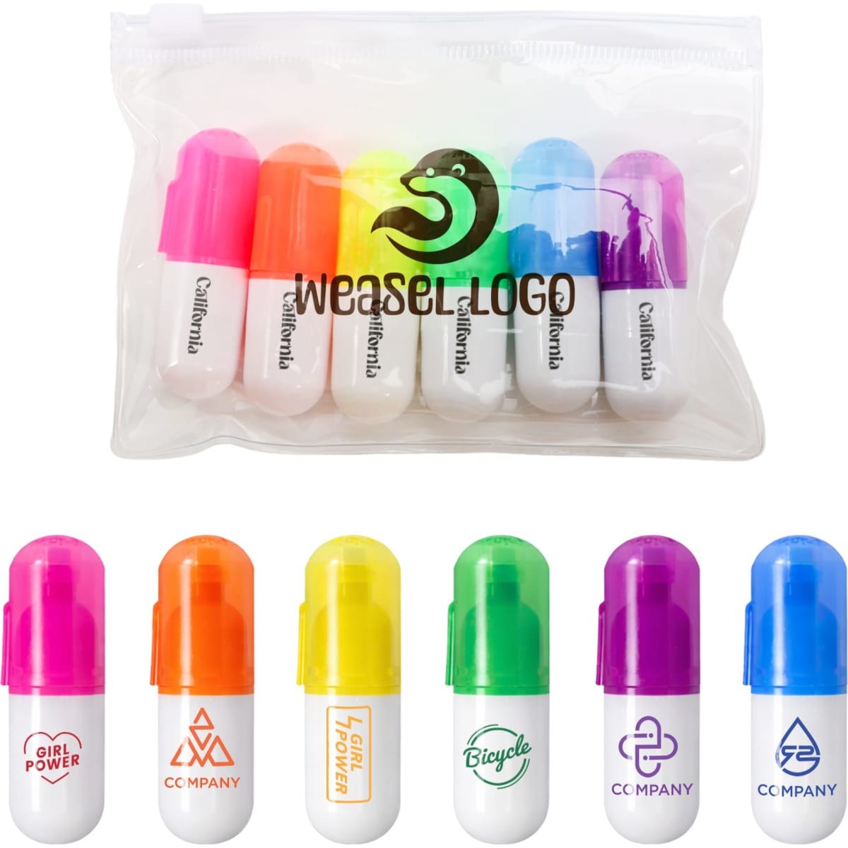 A clear pouch containing eight capsule highlighters in pink, purple, orange, and yellow, each with a white base and logo.