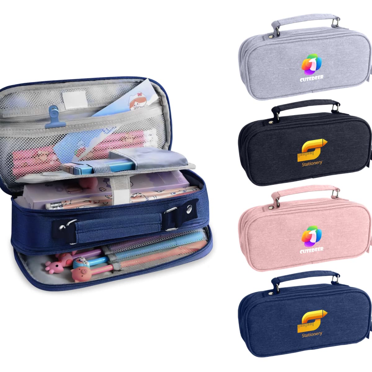A pencil case with compartments and a handle, available in navy, grey, black, and pink, featuring a logo.