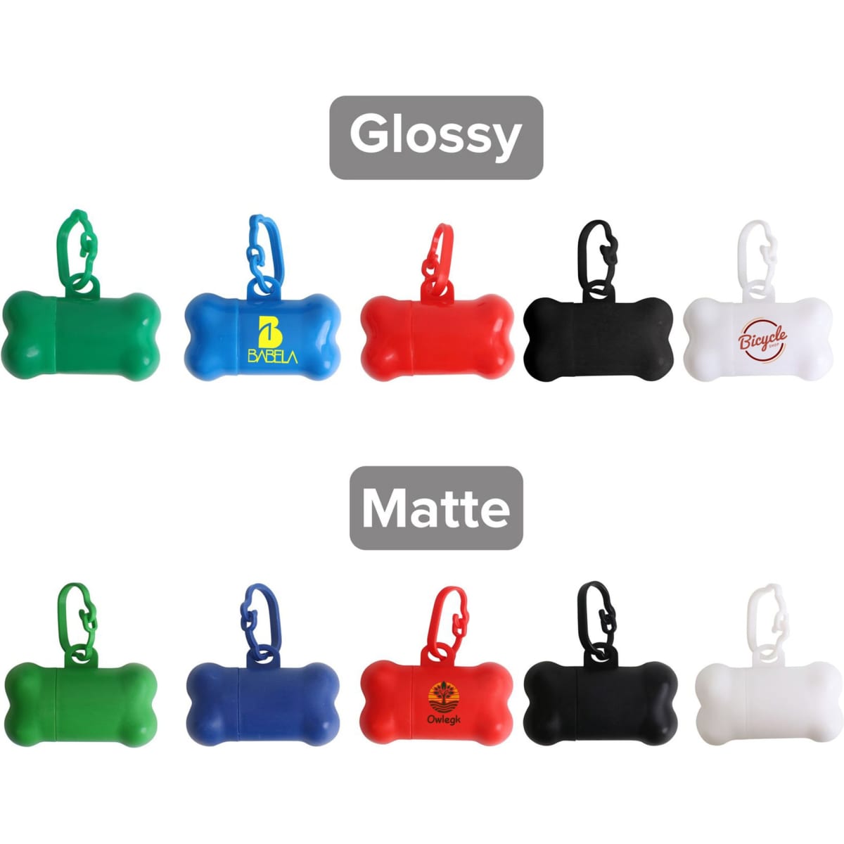 A range of bone-shaped pet waste bag dispensers in glossy and matte finishes, available in various colours.