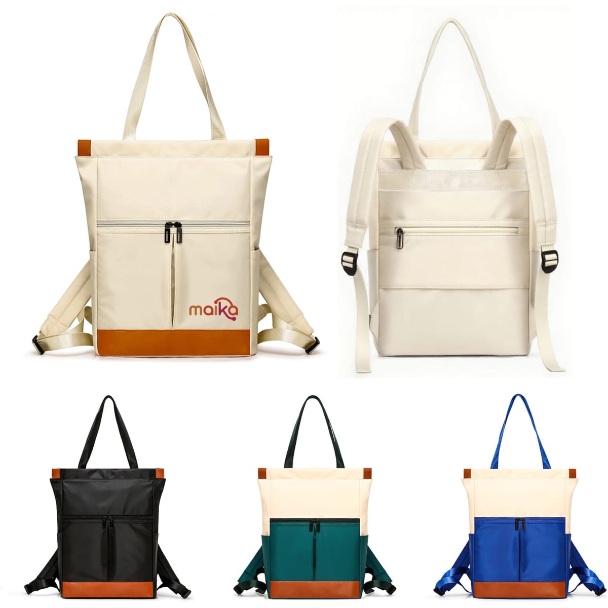 A convertible backpack in cream with brown accents, alongside black, green, and blue colour options, featuring a logo.