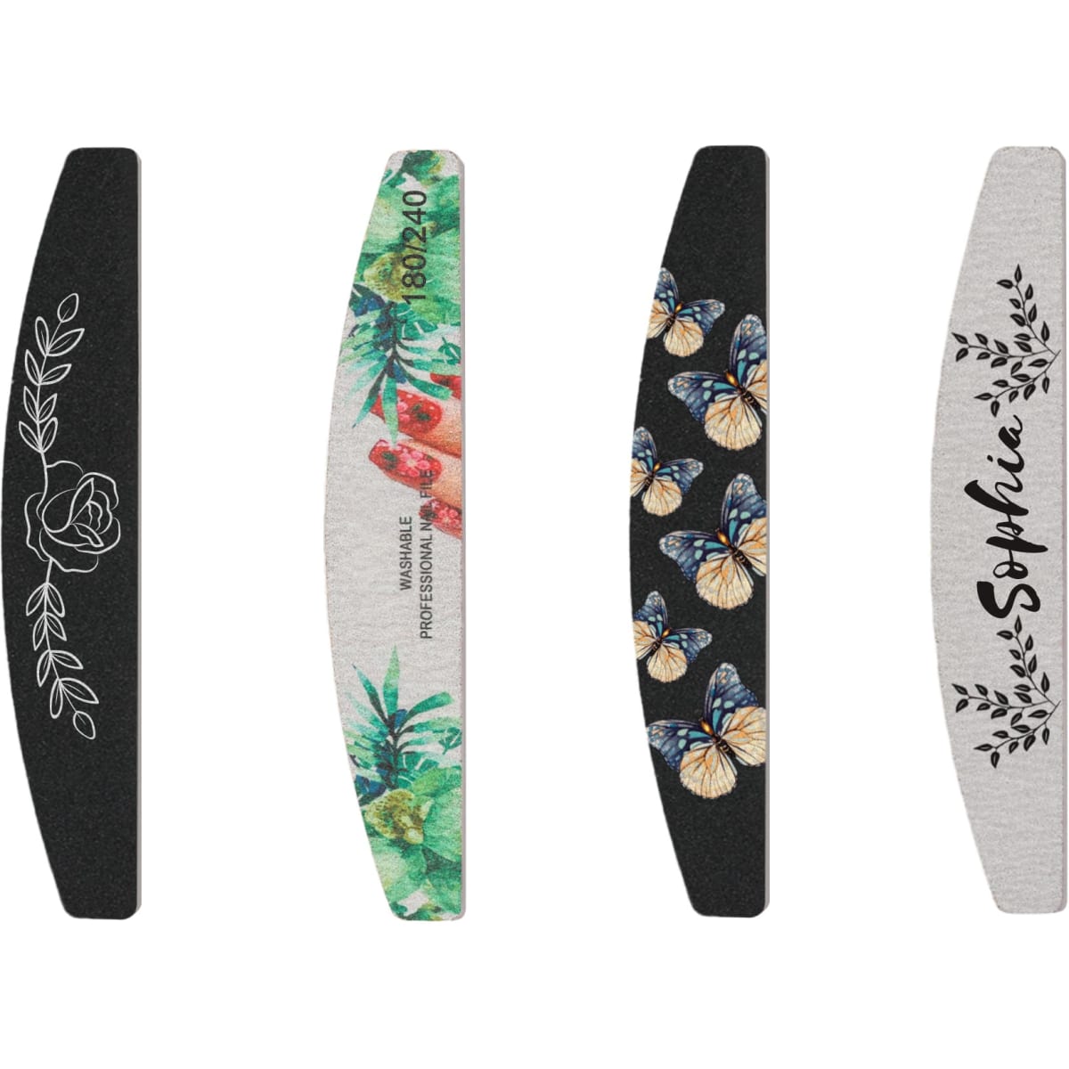 Four half-moon shaped nail files in various designs, featuring floral and butterfly patterns, with a mix of colours.