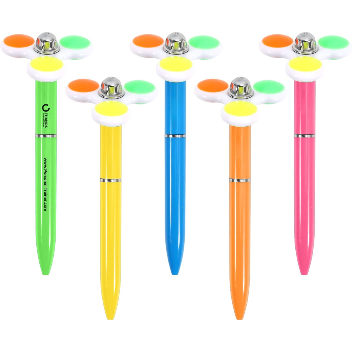 A set of five fidget pens in vibrant colours: green, orange, pink, blue, and yellow, each featuring a spinning topper.