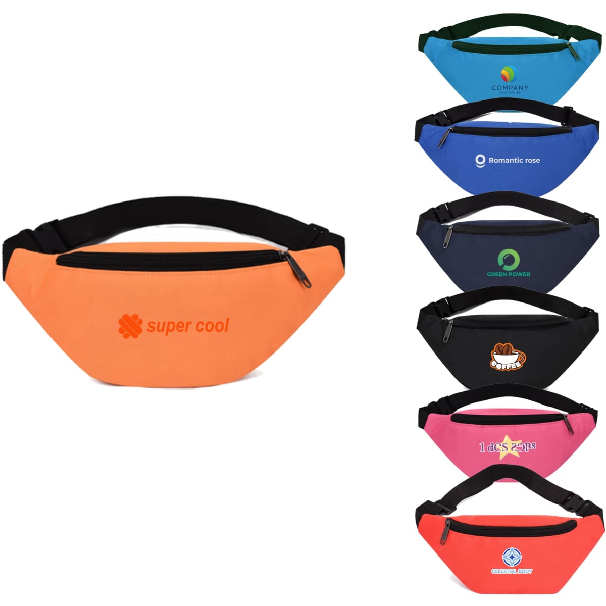 A collection of bum bags in various colours: orange, blue, black, and pink, featuring different logos and designs.