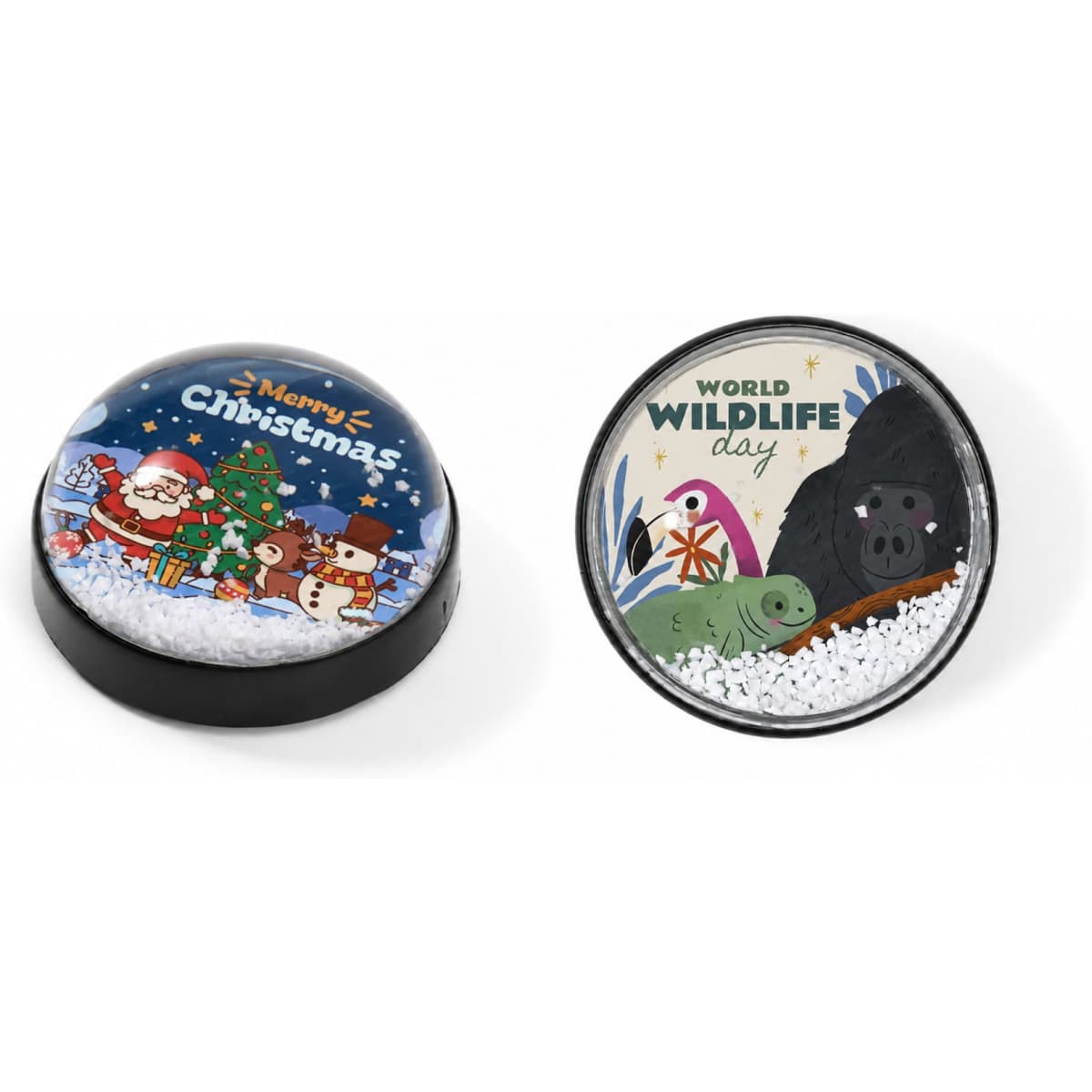 A snow globe fridge magnet featuring a Christmas scene with Santa and a wildlife scene with animals, in vibrant colours.