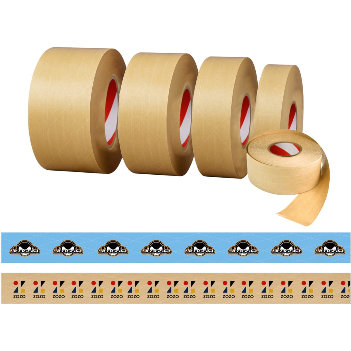 A selection of water activated reinforced kraft paper tape rolls in natural brown, featuring a logo on the edge of one roll.
