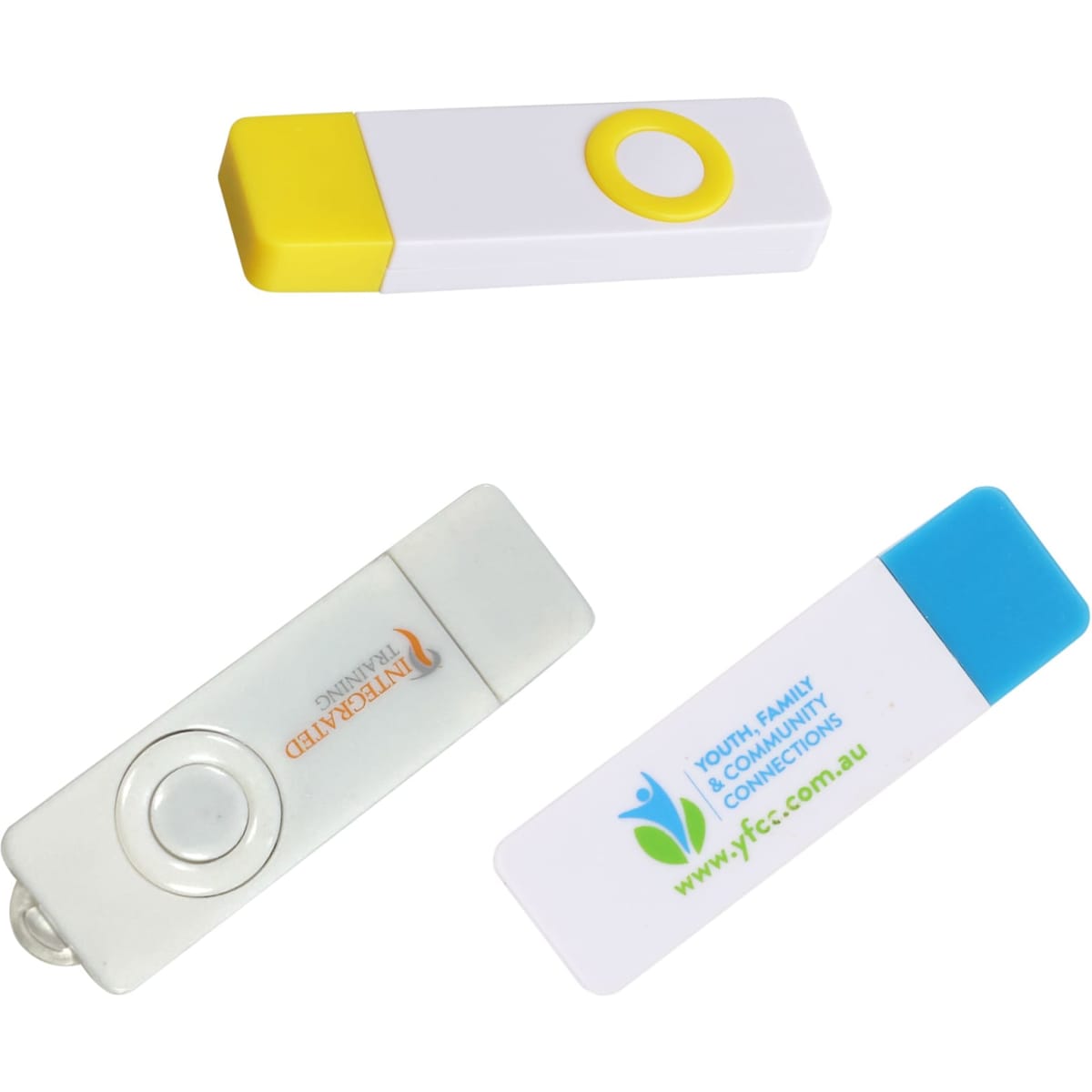Three flash drives in white with yellow and blue accents, featuring different designs and a small logo on one.