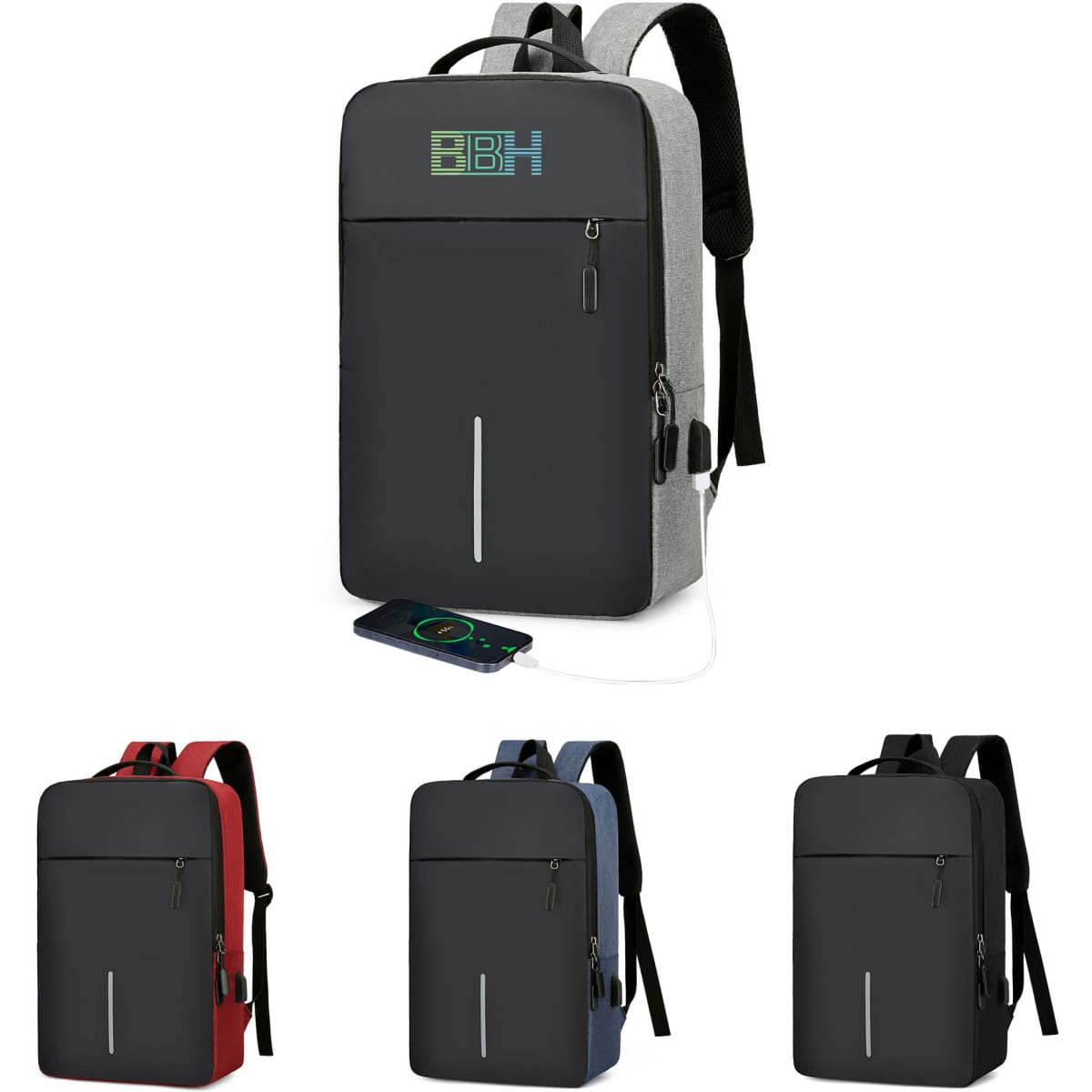 A laptop backpack in grey, featuring USB charging, with additional options in red, blue, and black. Includes a logo.