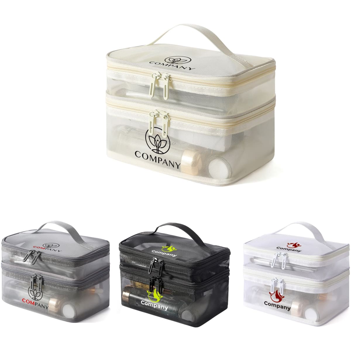 A clear nylon mesh cosmetic bag with double layers, featuring a handle and available in grey, black, and white.