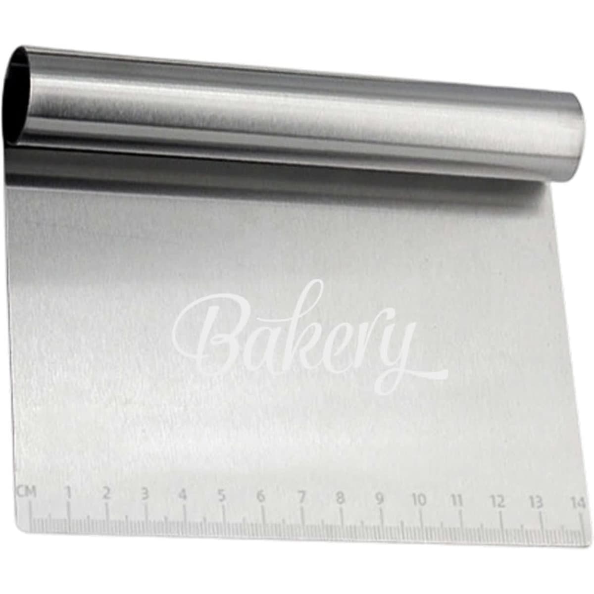 A stainless steel flour cutter with a handle and measurement markings along the edge. It features a brand logo.