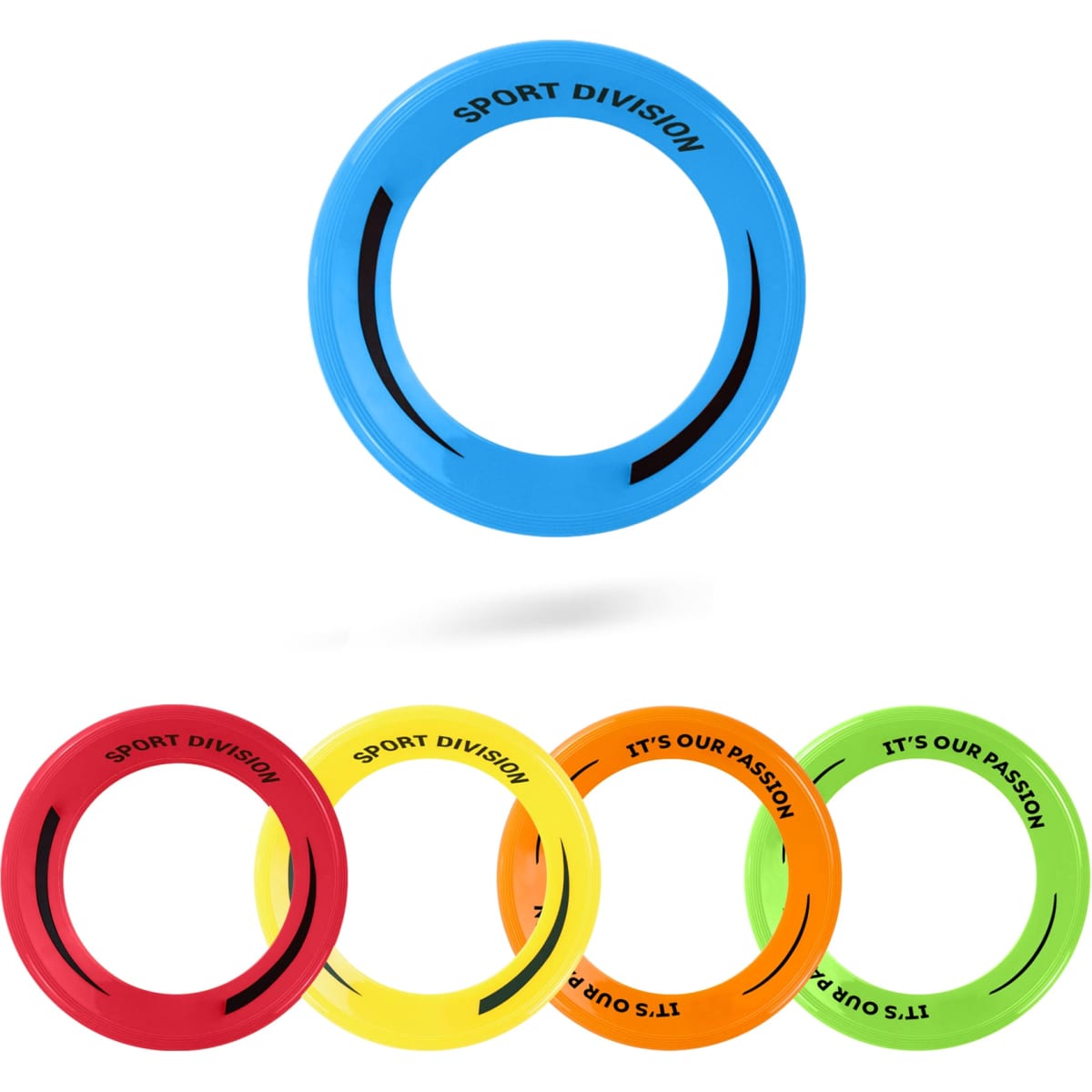 A set of four colourful flying discs in blue, red, yellow, and green, each with a logo.