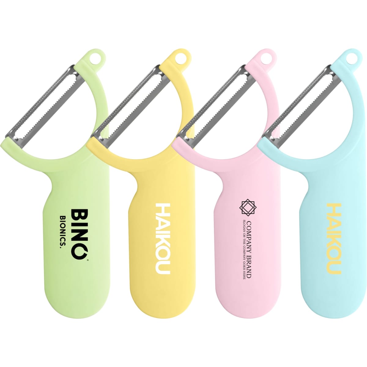 A set of four peelers in green, yellow, pink, and blue, each with a logo on the handle.