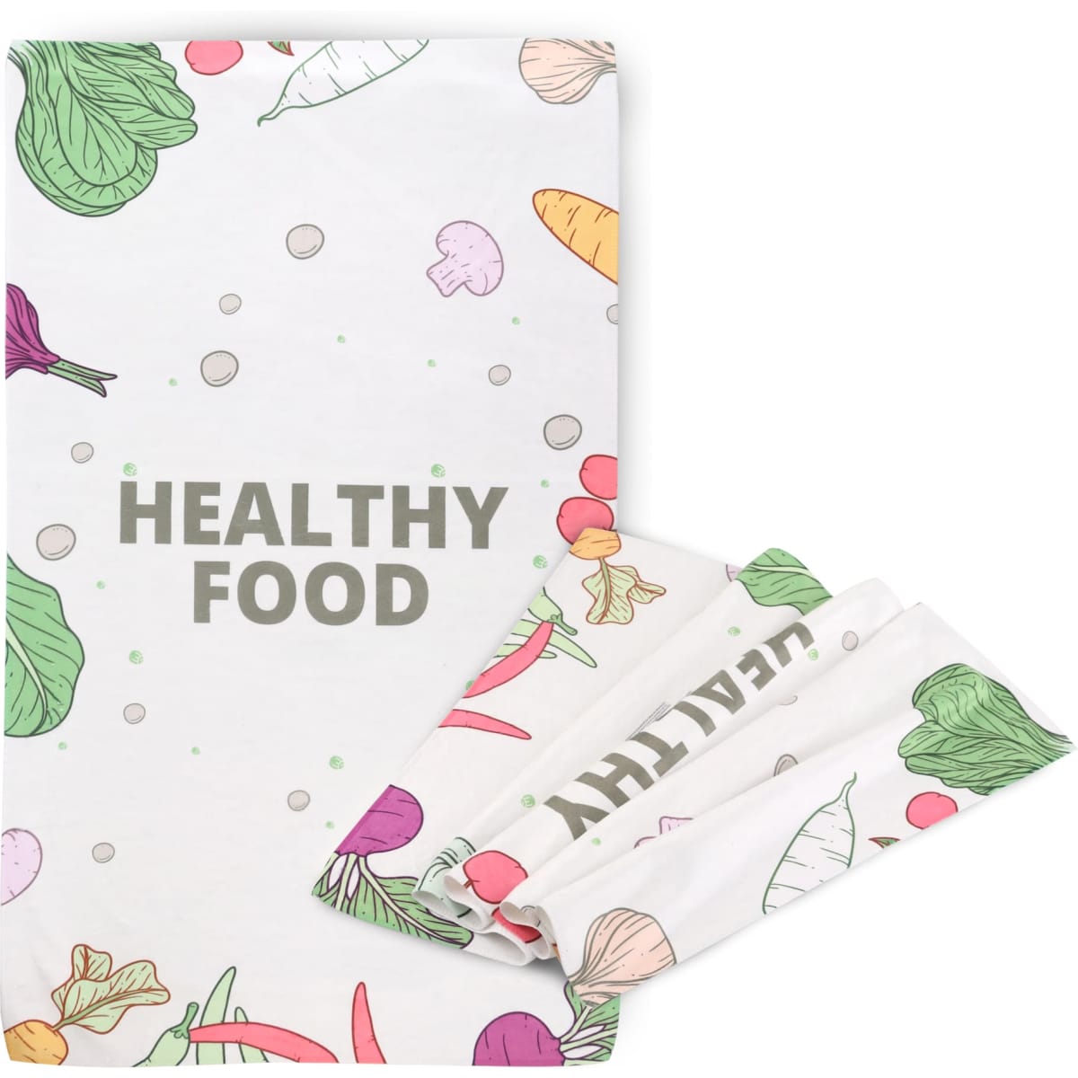 A tea towel featuring a colourful design of vegetables on a white background, with a logo included.