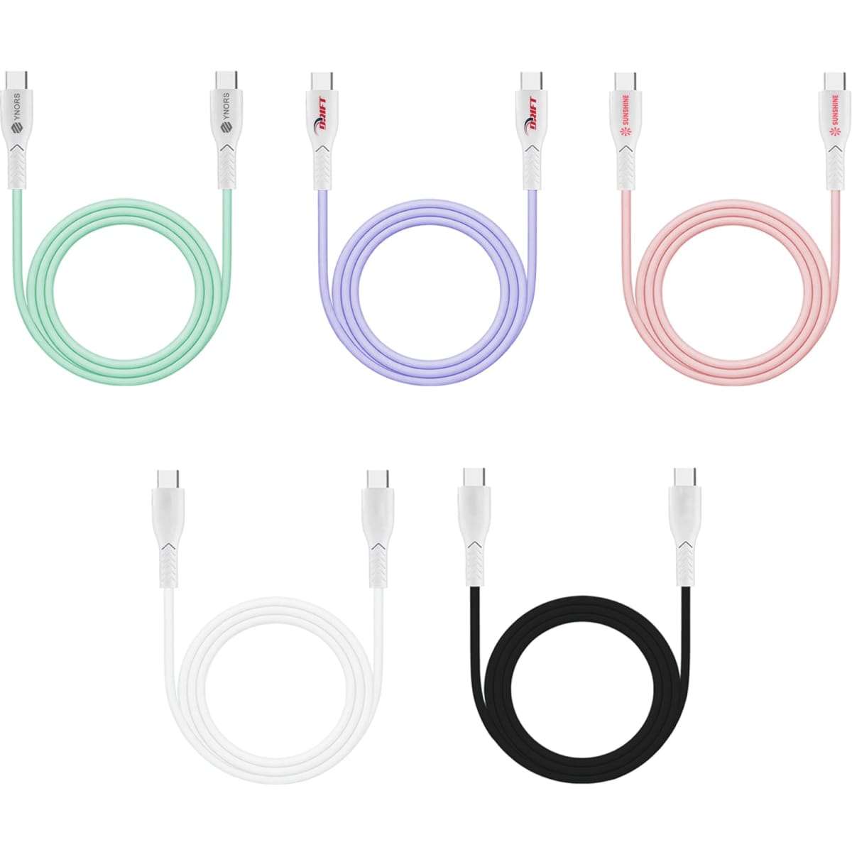 A collection of five charging cables in mint green, lavender, soft pink, white, and black, featuring connectors at both ends.