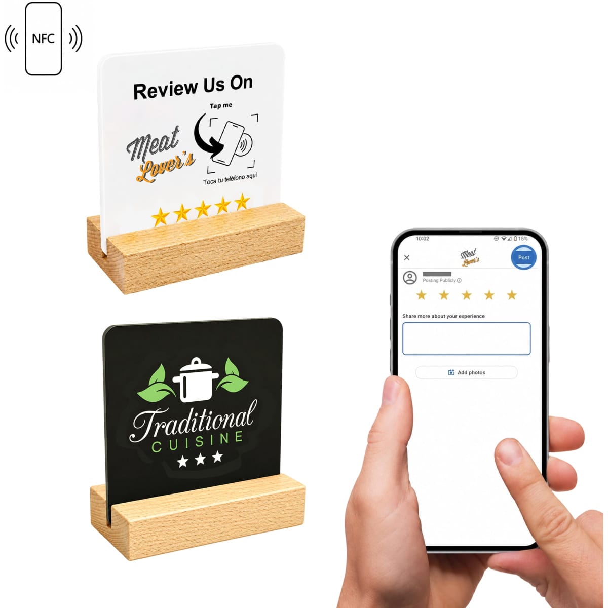 NFC Acrylic Menu with Wooden Stand