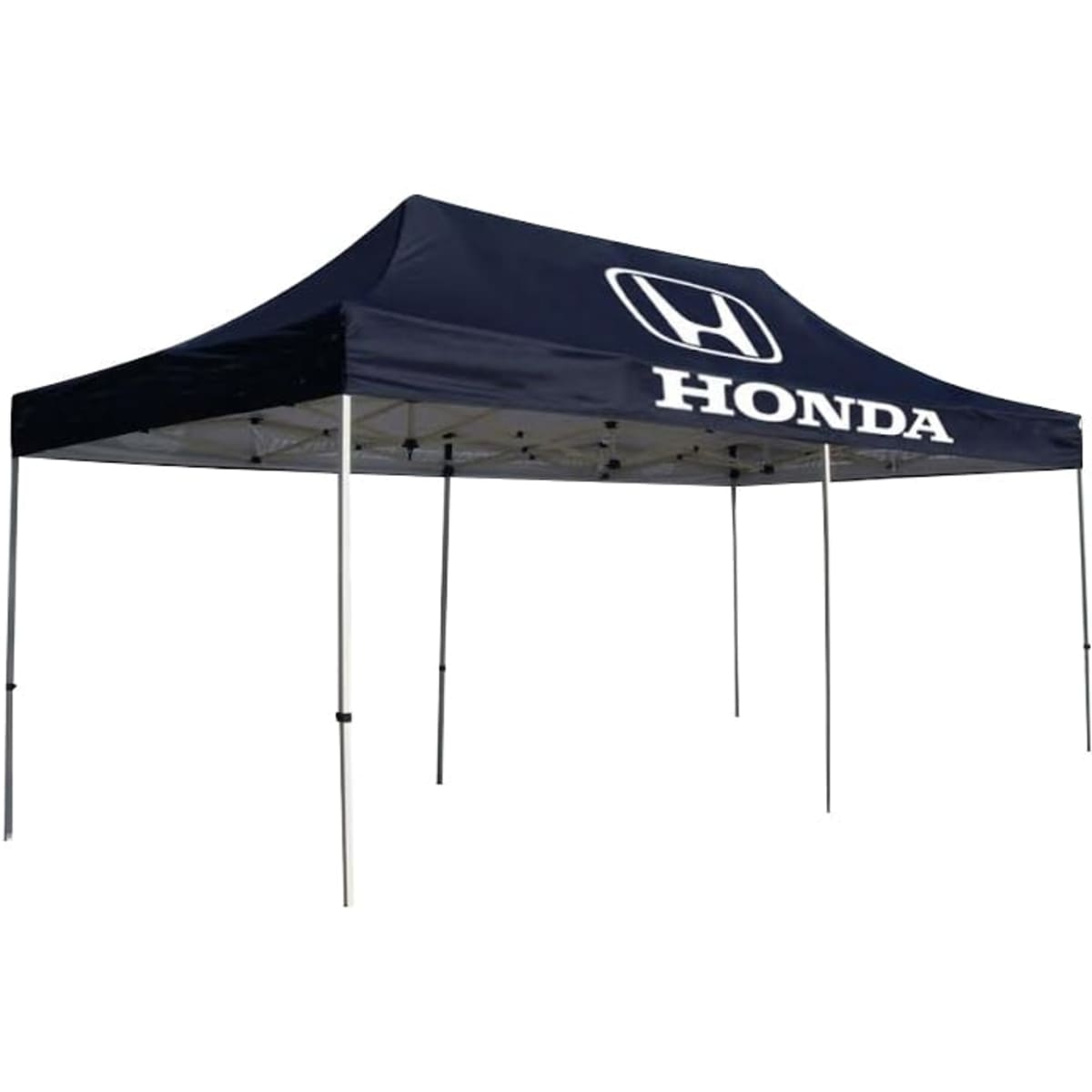 A large navy marquee tent featuring a white logo and multiple support poles.