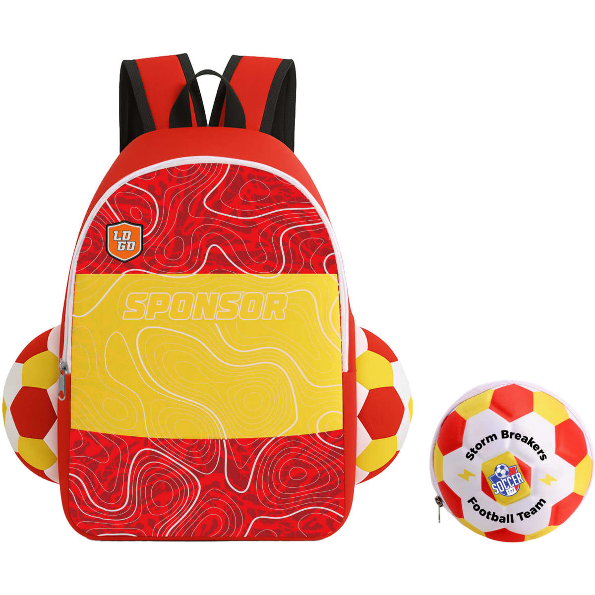 A foldable gym bag in red and yellow with football motifs and a logo, accompanied by a matching football.