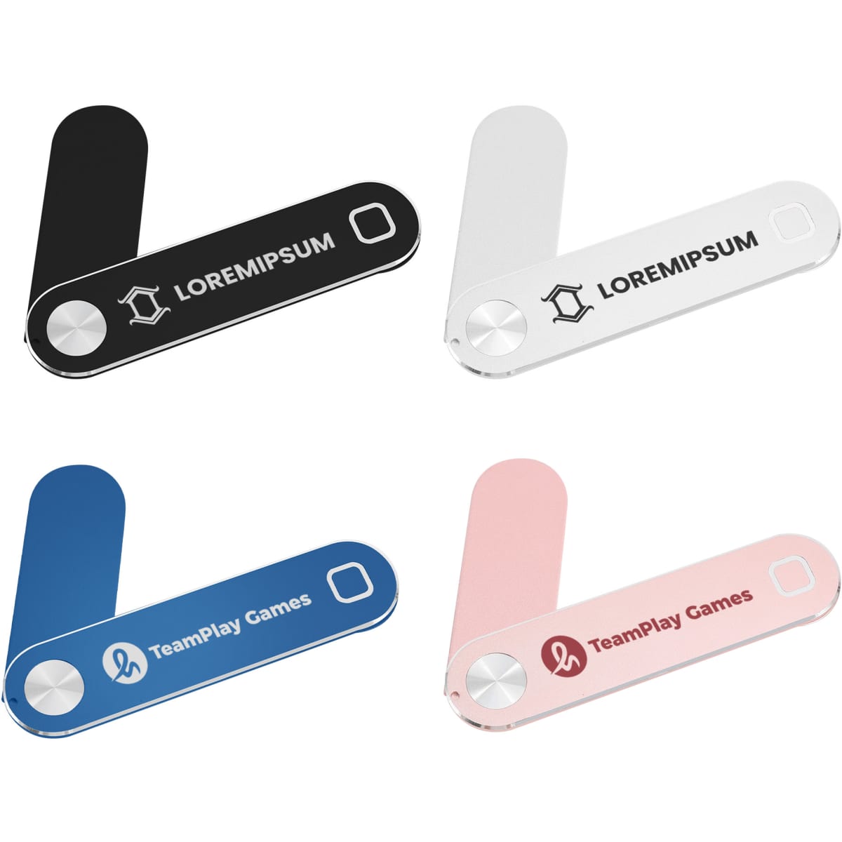 A laptop extension arm in black, white, blue, and pink, with branding on two of the arms.