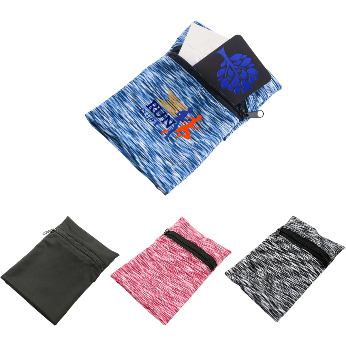 A blue mini wearable wallet with a logo, containing a card and paper, alongside grey, pink, and black variants.