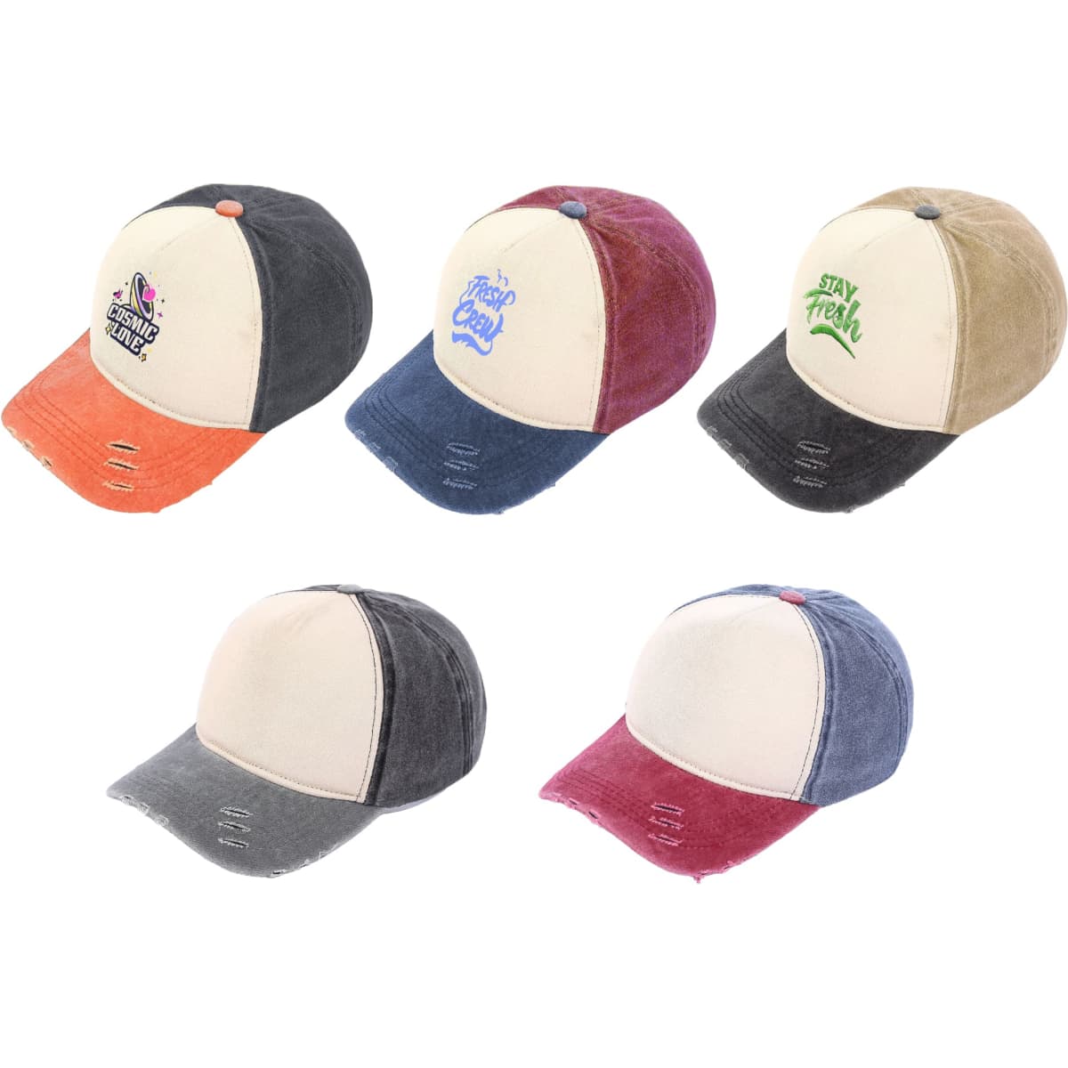 A collection of five distressed cotton baseball caps in various colours, each with a unique logo.
