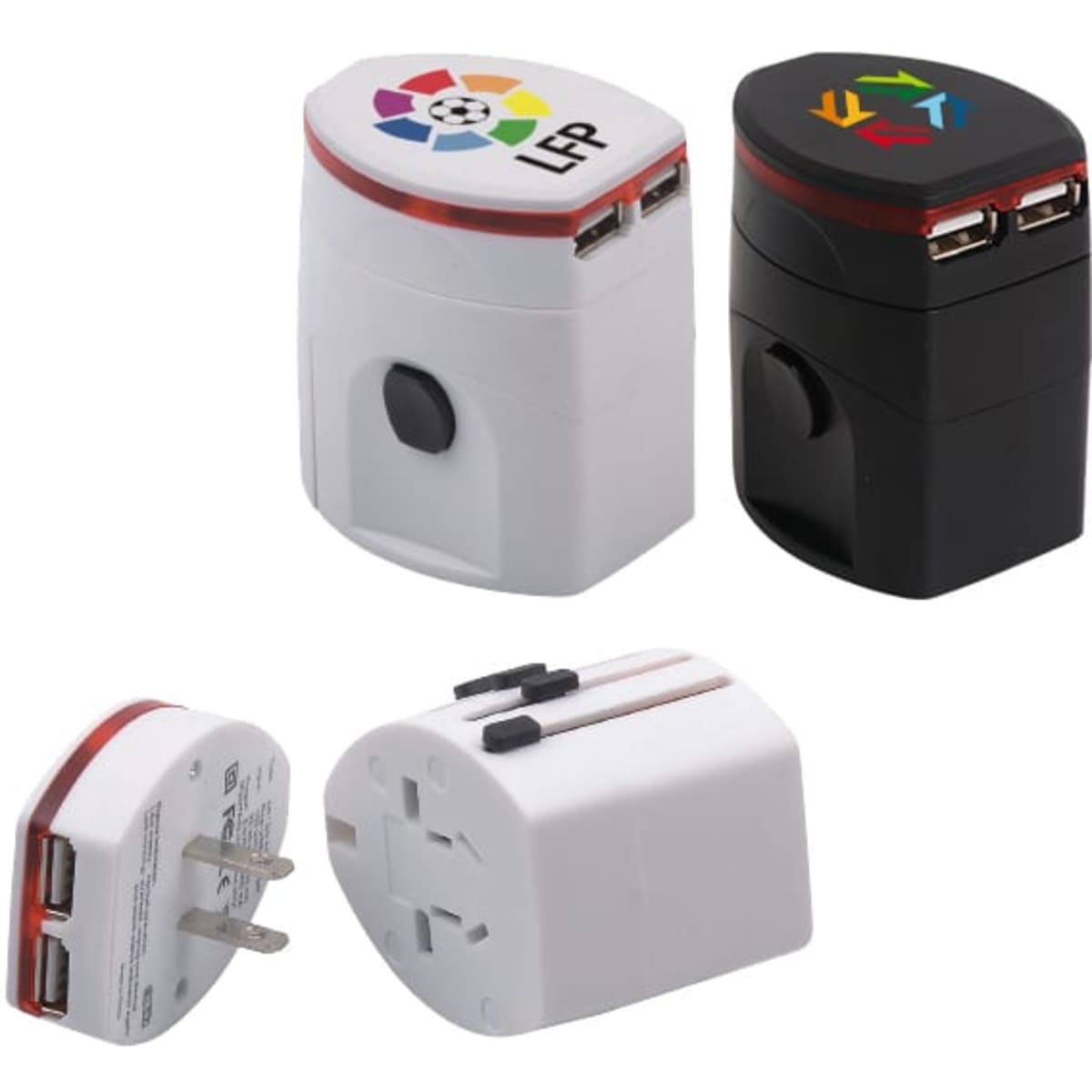 A collection of light-up universal plug travel adapters in black and white, featuring USB ports and branding.