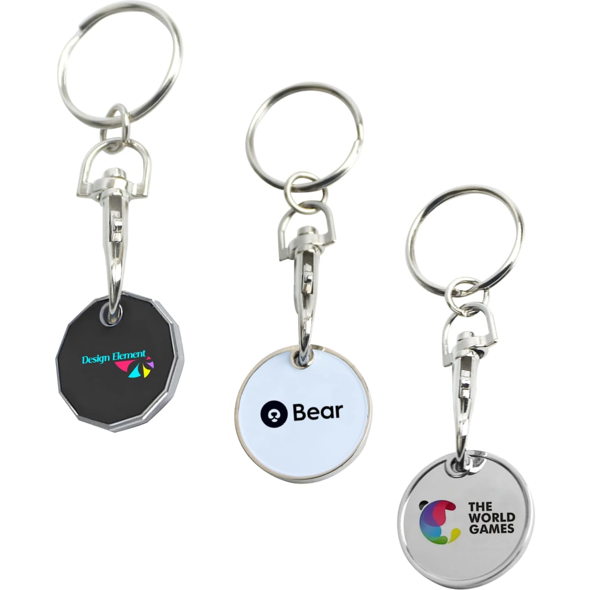 Three printed trolley coin keyrings in various shapes, featuring different logos. The keyrings have silver keychains.