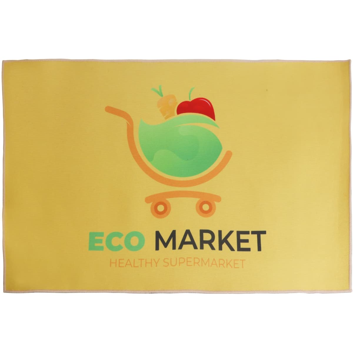 A yellow polyester logo mat featuring a graphic of a shopping trolley with fruits and vegetables and a logo.