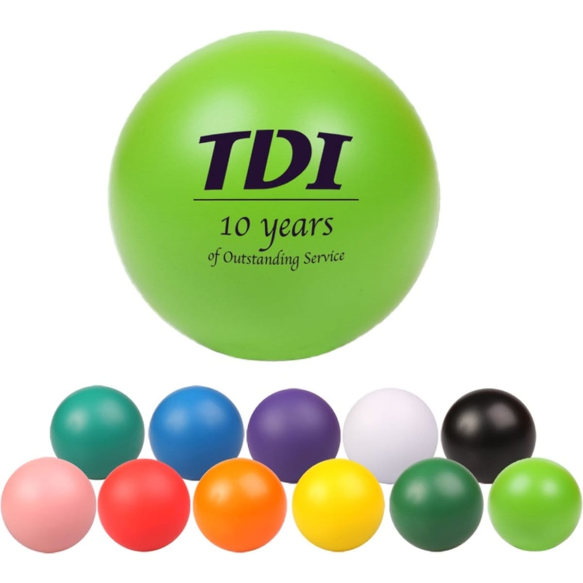 A green stress ball shaped like a baseball with a logo, surrounded by various coloured smaller stress balls.