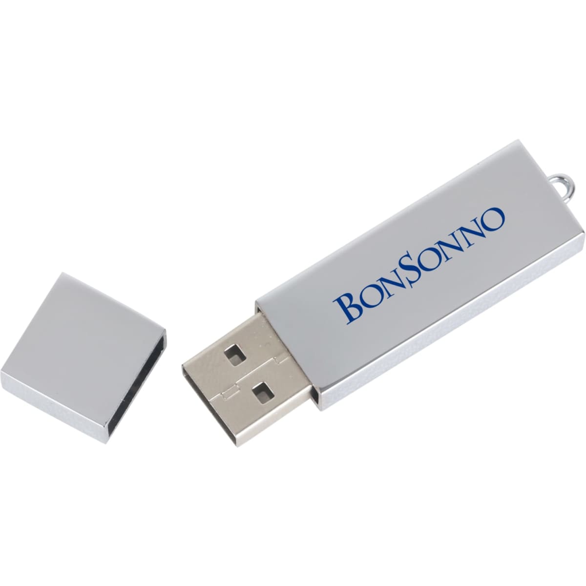 A silver USB flash drive with a removable cap and a logo on its surface.