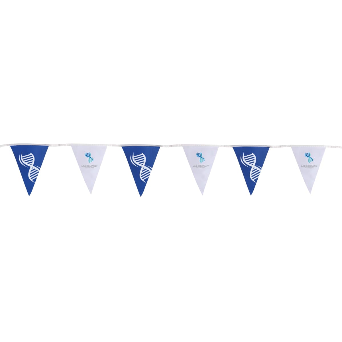 Custom PVC pennant string flags in blue and white with a logo on each flag.