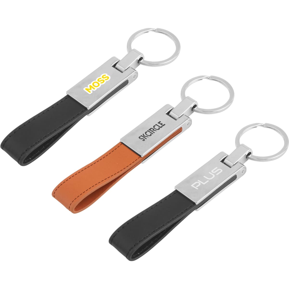 Three keyrings featuring PU leather straps in black and orange, with metal connectors and branding.