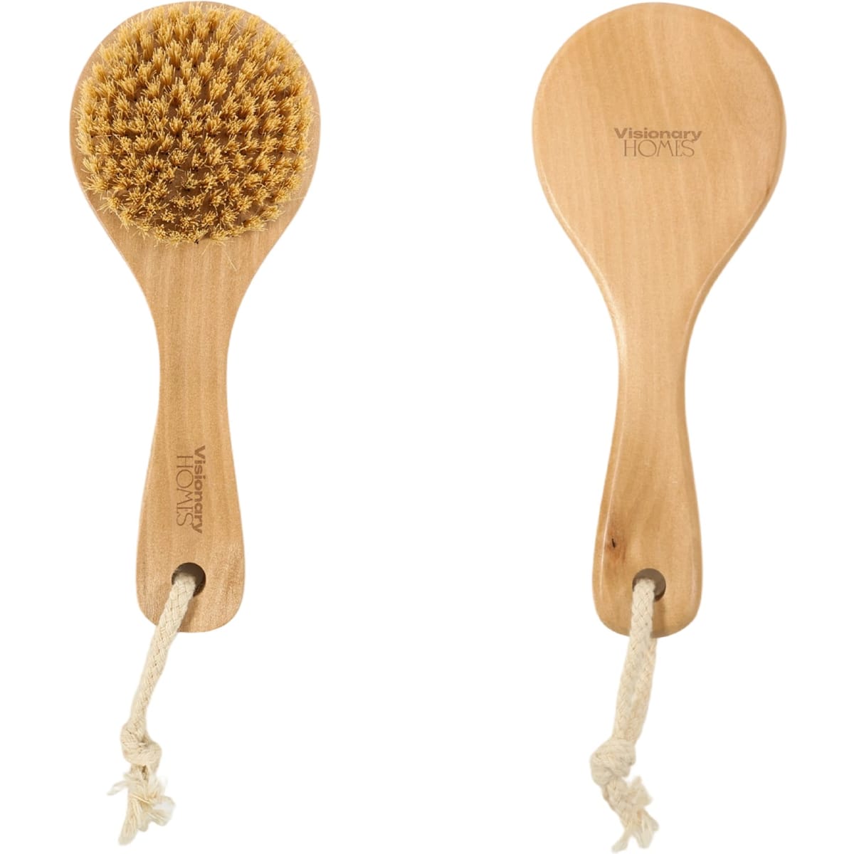 A round body brush with a short wooden handle and bristles, featuring a string for hanging.