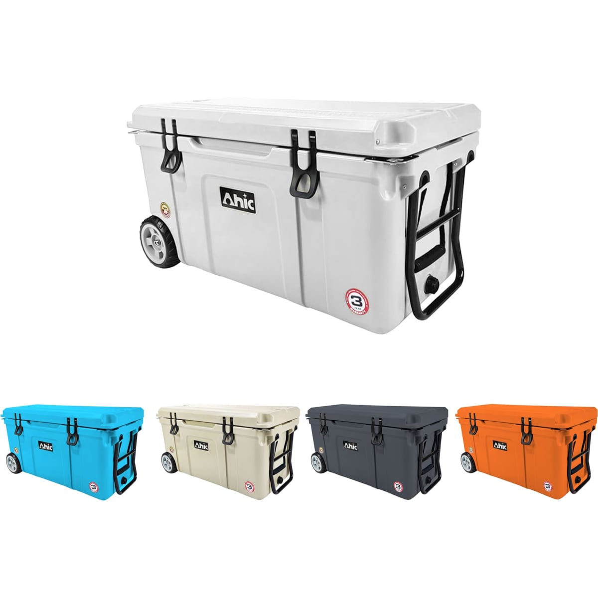 A cooler box with wheels in grey, alongside options in blue, beige, black, and orange. It features a logo.