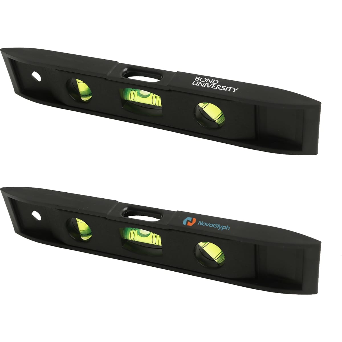A black magnetic torpedo level featuring two spirit vials and logos on either side.