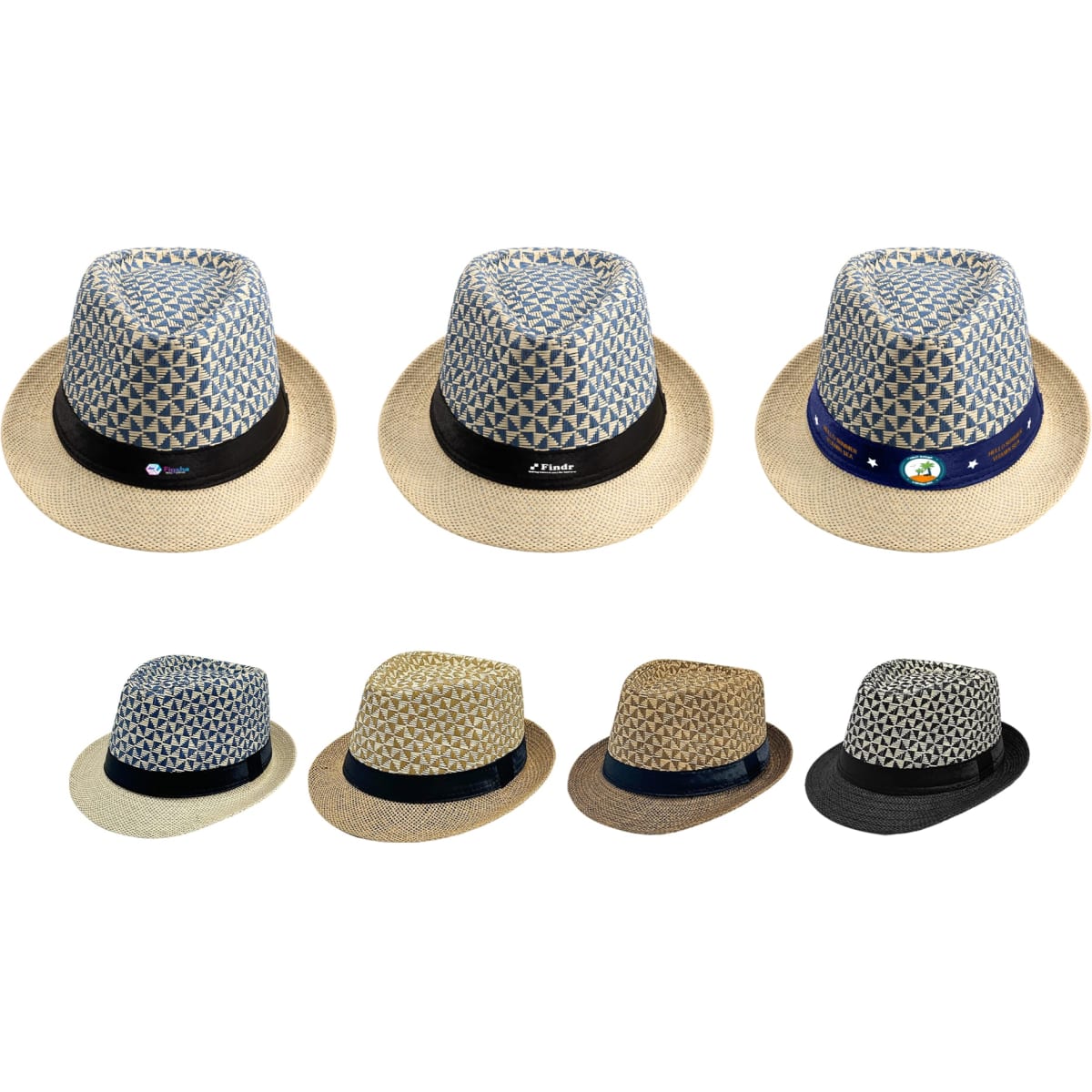 A collection of straw woven top hats in various colours and patterns, featuring different bands and styles.