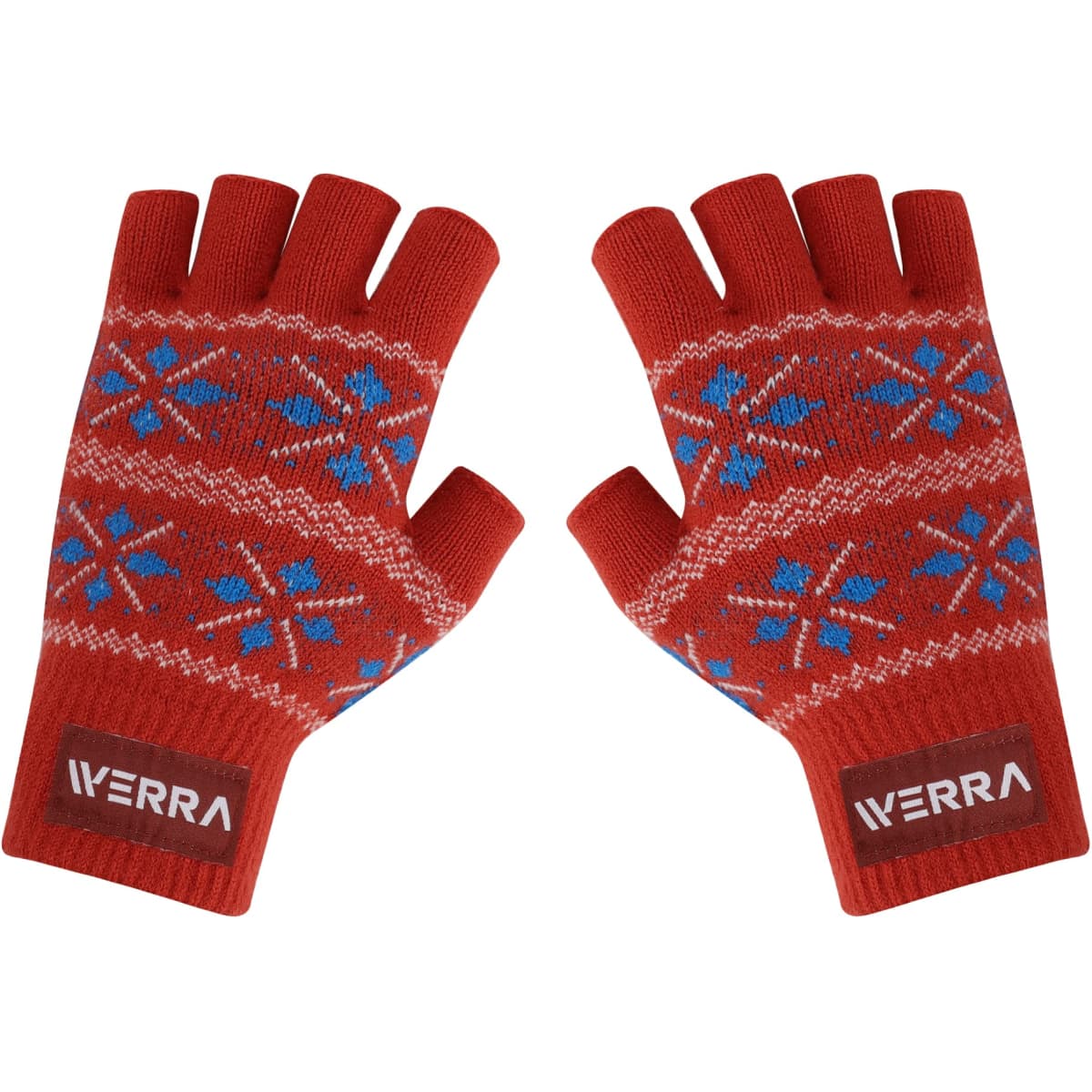 Red fingerless gloves featuring a patterned design in blue and white, with a logo on the wrist area.