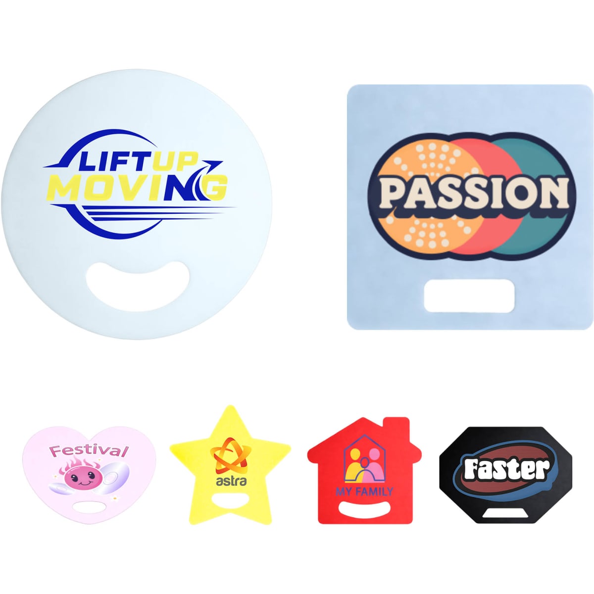 Custom-shaped PP fans in various colours, including round, star, and house shapes, each with a handle cutout and branding.